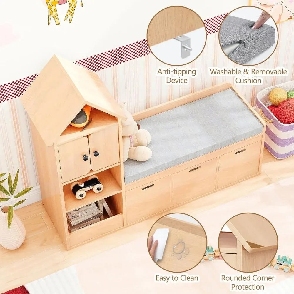 Kids Bookcase and Bookshelf with Reading Nook, Multifunctional Bookcase with 3 Open Storage Cubbies and 3 Drawers, Bookcase 3