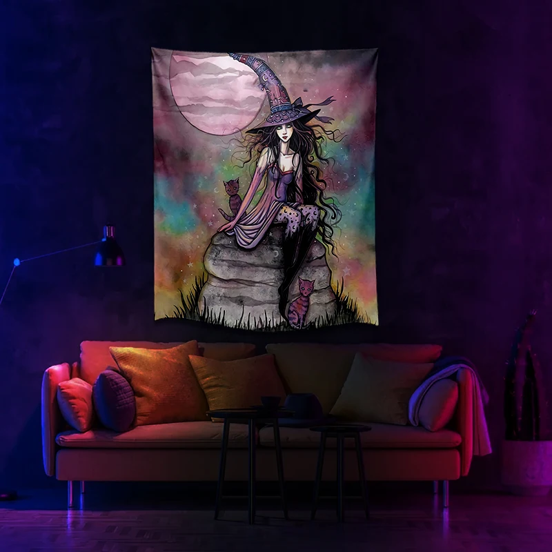

Girl Witch Moon Cat Pattern Printed UV Fluorescent Tapestry For Wall Hanging Living Room Bedroom Independent Room Decoration