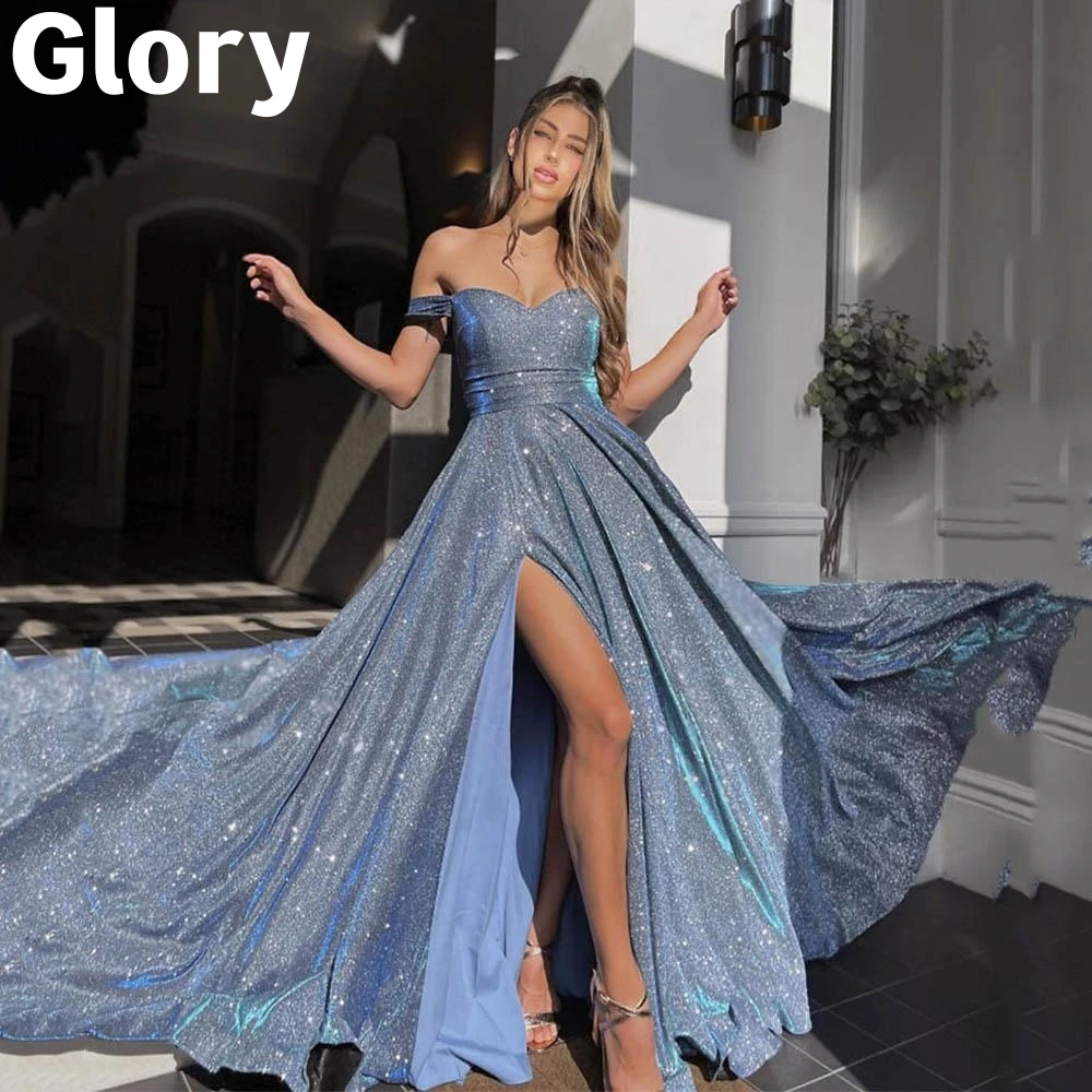 

Sparkly Off The Shoulder Women Evening Dresses Soft Satin Sweetheart Side Split Sexy Long Prom Dresses 2023 Formal Party Gowns