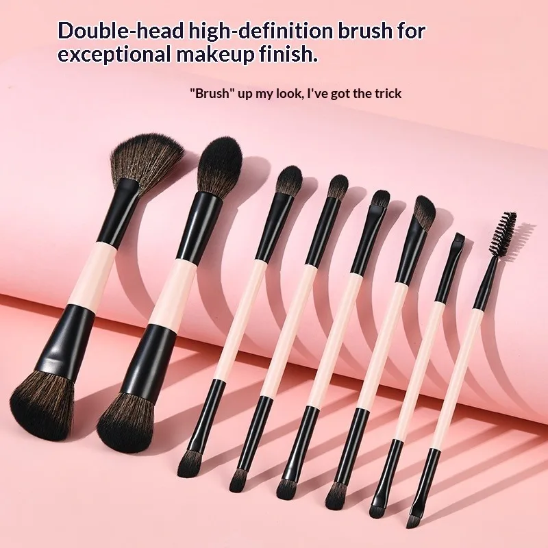 Set di pennelli per trucco a doppia estremità da 8 pezzi, pennelli cosmetici multifunzionali per fondotinta, fard, contorno e polvere, kit di strumenti di bellezza da viaggio - immagine 2