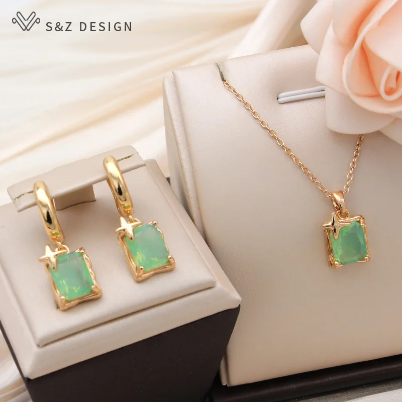S&Z DESIGN New Fashion Rectangle Green Artificial Crystal Dangle Earrings For Women Trendy Elegant Champagne Gold Color Jewelry