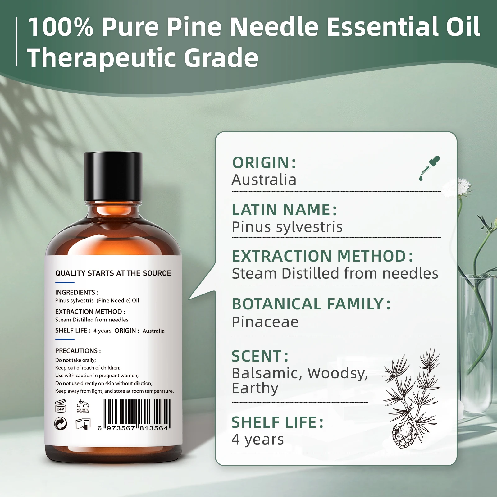 HIQILI 100ML Pine Needles Essential Oils,100% Pure Nature for Aromatherapy, Diffuser, Humidifier, Massage, Relieving stress