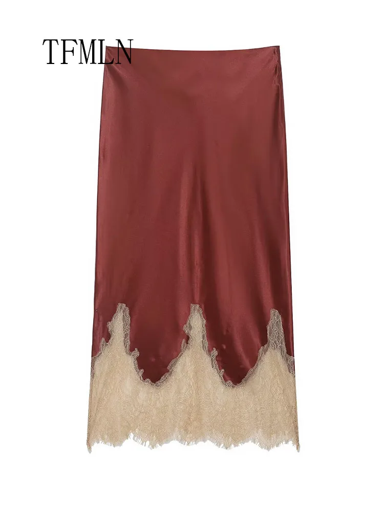 Fashion Lace Patchwork Slim Skirts For Women 2026 Elegant Side Zipper Chic Party Skirts Vintage Female Causal Straight Skirts