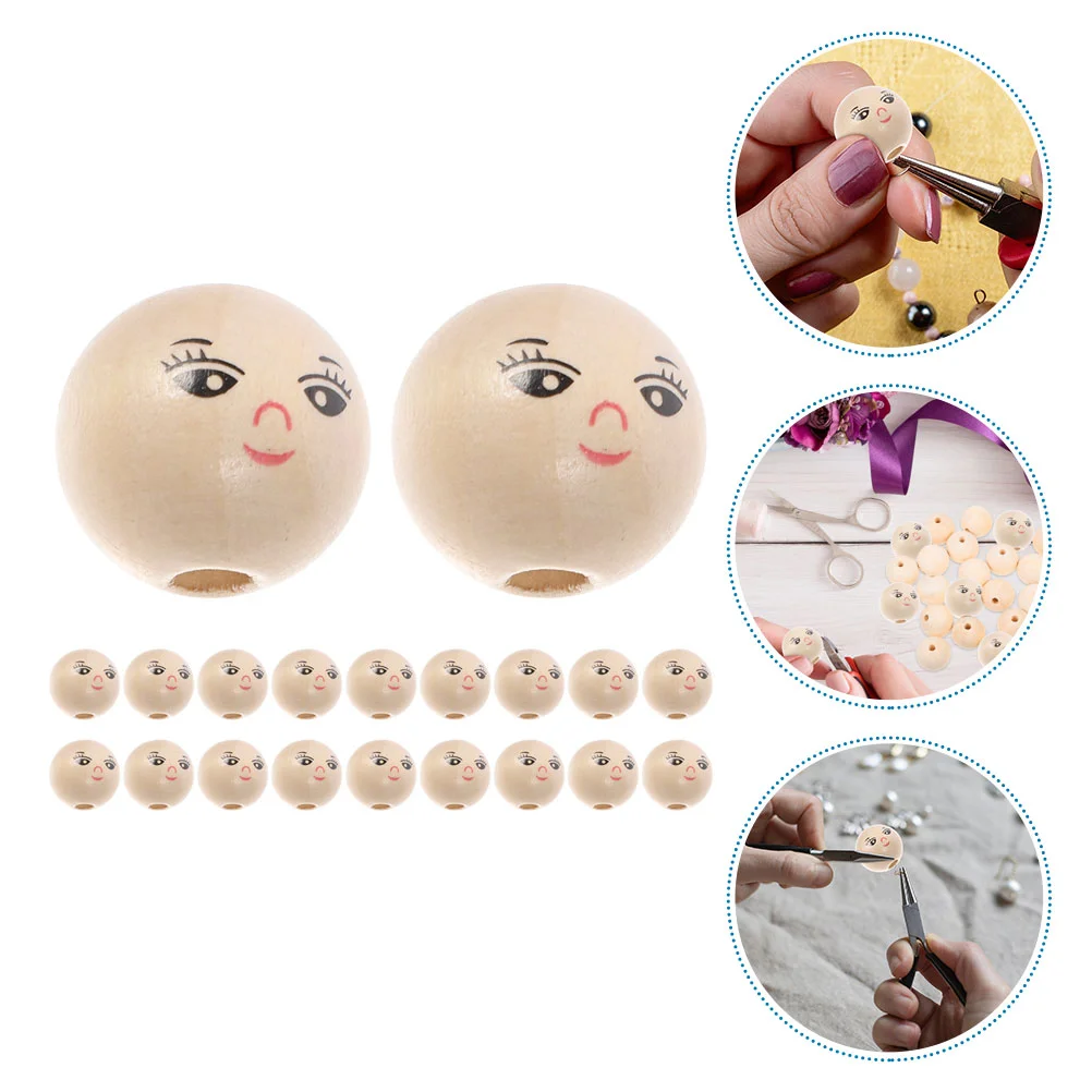 

20Pcs Smile Face Wood Beads DIY Dolls Head Beads Spacer Beads Wooden Loose Beads for DIY Bracelet Necklace