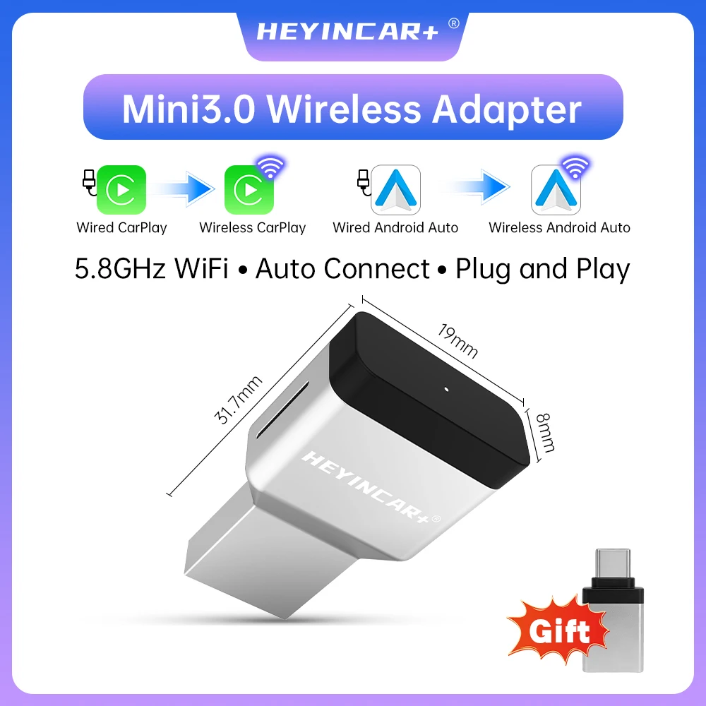 HEYINCAR Neuer 3.0 Mini Wireless Carplay Android Auto Adapter Plug & Play AI Box für VW Toyota Nissan Honda Benz Ford-Mehr