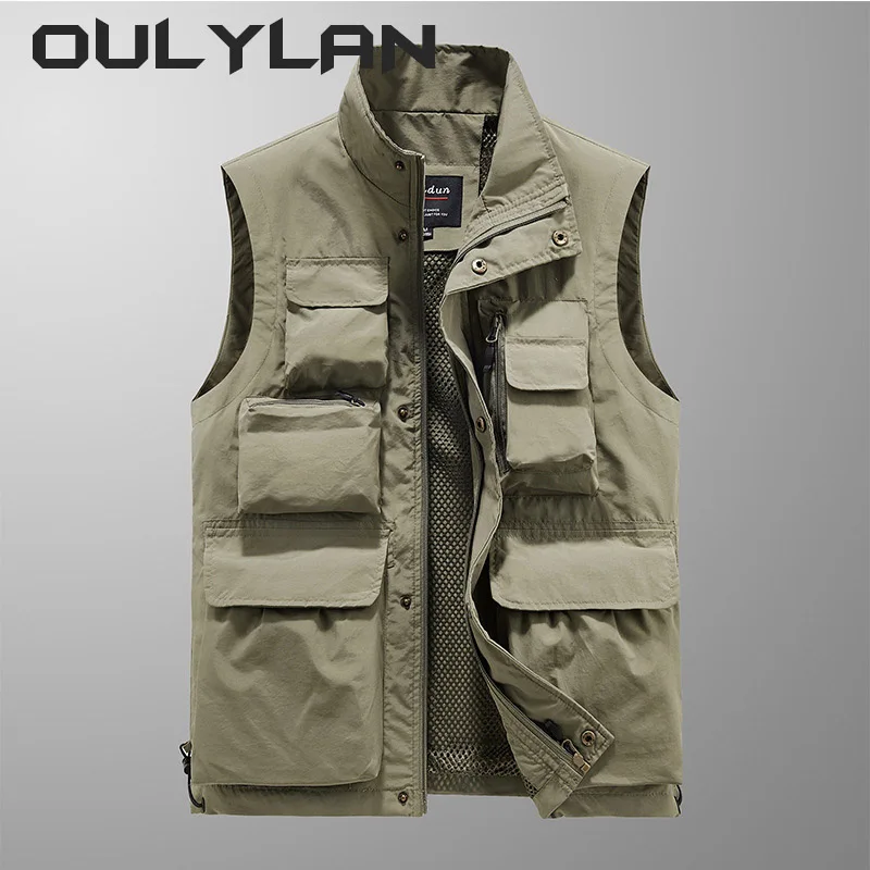 

Oulylan NEW Outdoor Vest Multi-Pocket Solid Color Fishing Director Reporter Work Waistcoat Photography Casual Vest Jacket Male
