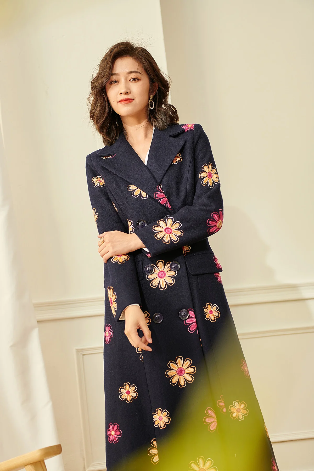 Embroidered Jacket Women LZJN Women Trench Coat Floral Embroidered