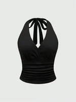 Haut court dos nu à col en v pour femmes, couleur unie, col licou, Sexy, Y2K, sans manches, froncé, Streetwear, été 1