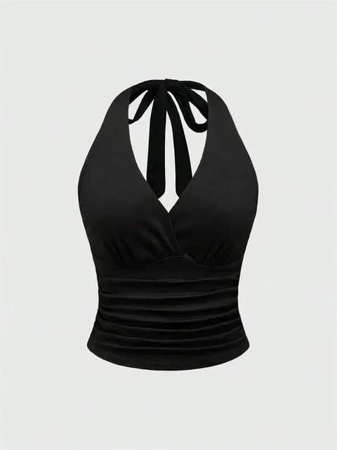 Haut court dos nu à col en v pour femmes, couleur unie, col licou, Sexy, Y2K, sans manches, froncé, Streetwear, été 1