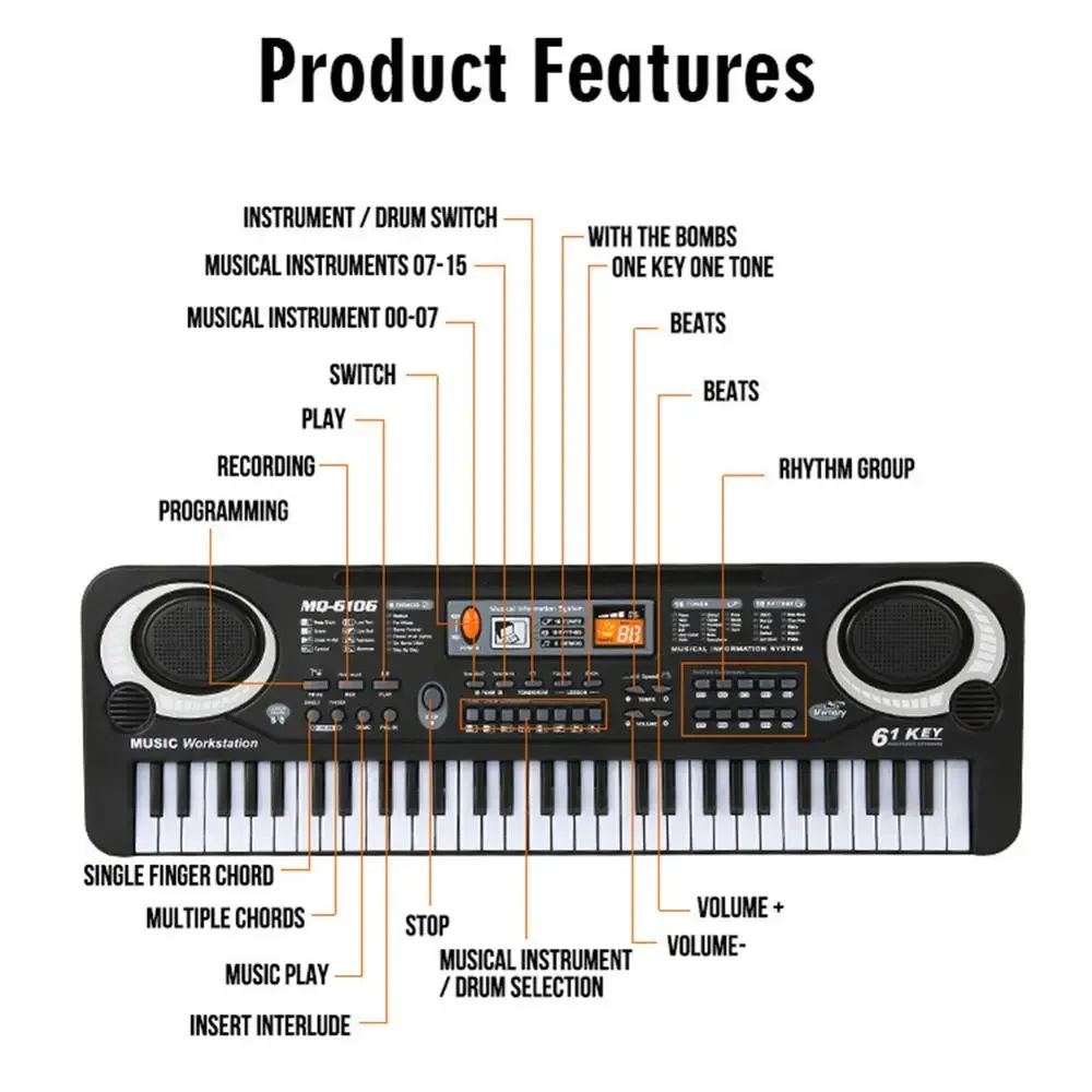 Portable 61 Key Electronic Keyboard Piano with Microphone for Kids
