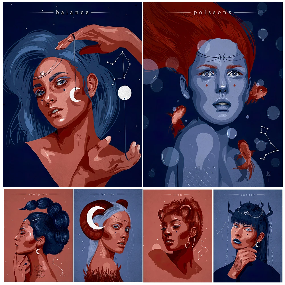 

Zodiac Women Constellation Art Poster And Print Decor Taurus,Gemini,Sagittarius Modern Wall Art Canvas Painting Home Decoration