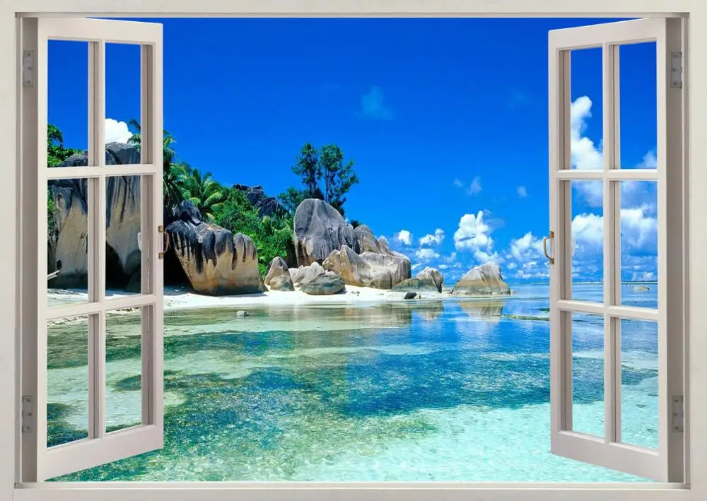 Nature Beach Mountains Water Trees Window Art Film Print Silk Poster Home Wall Decor