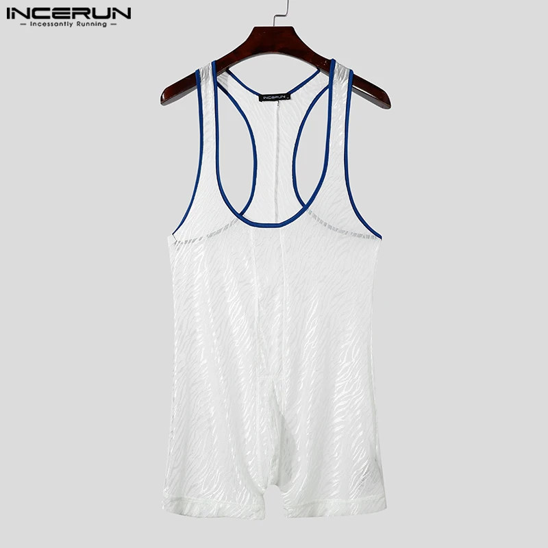 INCERUN Sexy Style Men Jumpsuits Fashion Line Print Shorts Rompers Casual Sleepwear Flat Cornered Sleeveless Male Bodysuits