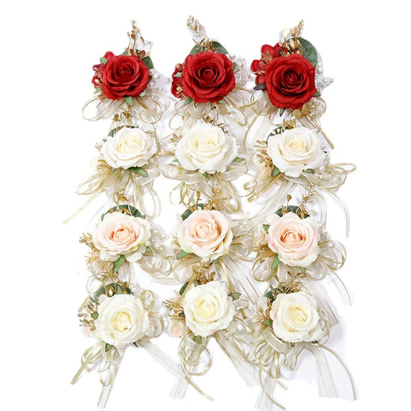 

Rose Wrist Corsage Wristlet Band Bracelet And Men Boutonniere Set For Wedding Flowers Accessories Wedding Prom Decorations White