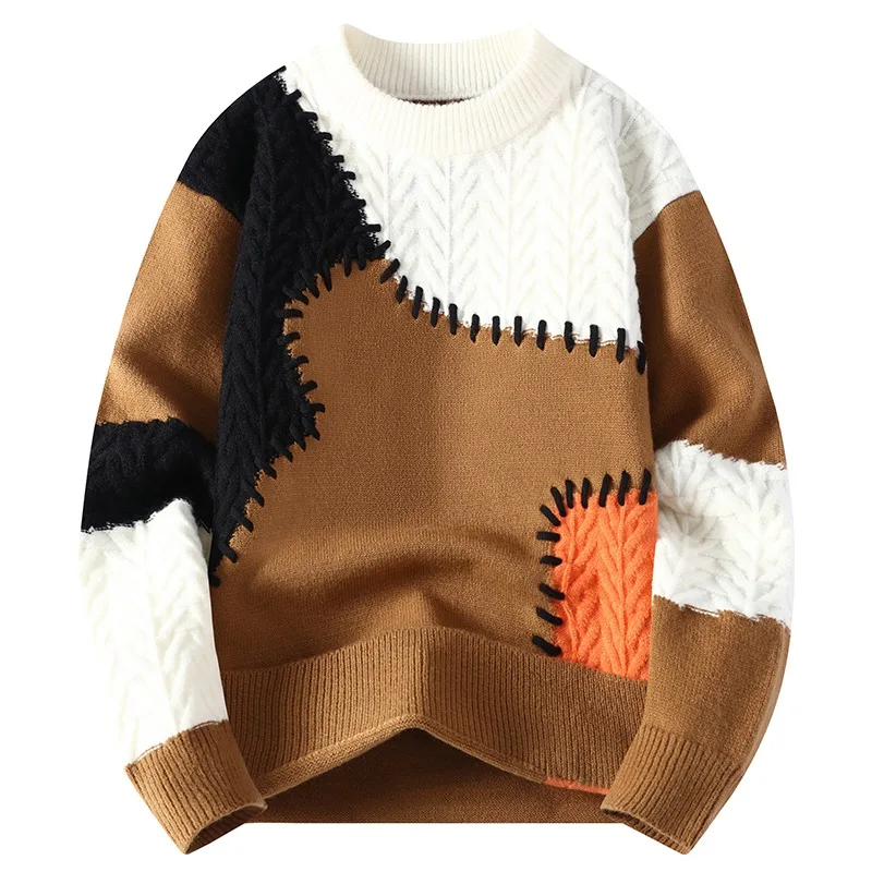 Winter Fashion Sweater Men Patchwork Casual Knit Pullovers Mens Thick Warm Harajuku Loose Knitted Sweaters O-Neck Streetwear Man 6