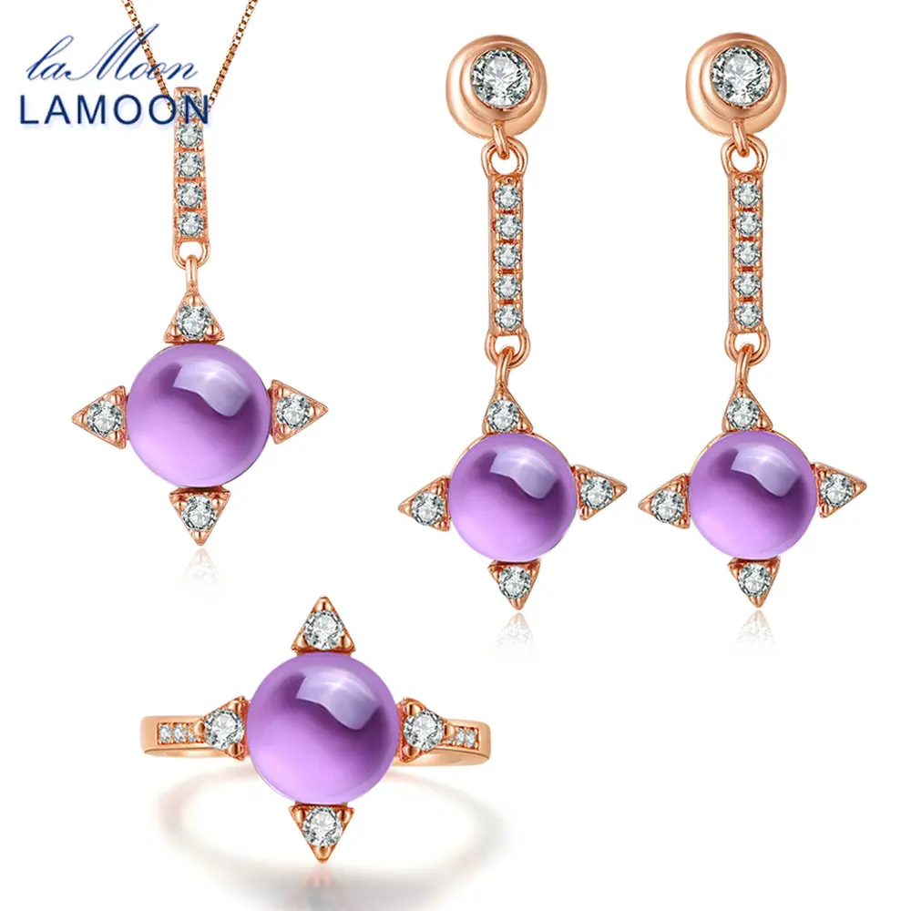 

LAMOON Natrual Amethyst Jewelry Set For Women Cross Star 925 Sterling Silver Jewelry Rose Gold Plated Necklace Earring Set V009