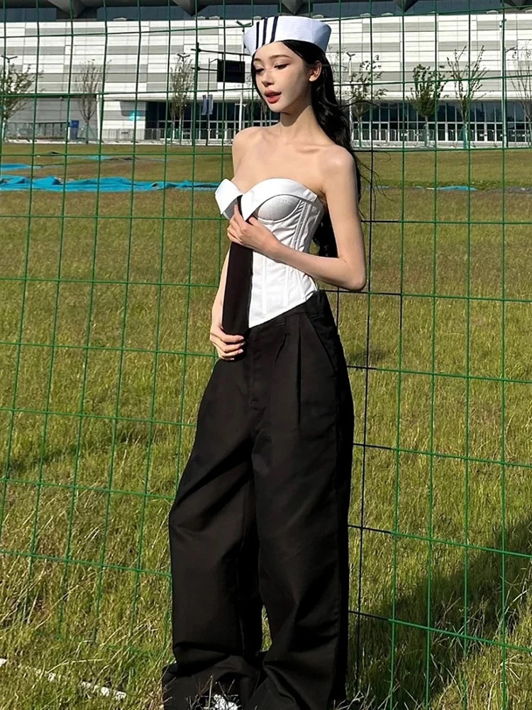 Nibber Simple 2-Piece Set Women Low-Neck Necktie Fishbone Strapless Tops+Zipper Button Suit Pants Matching Commute Sexy Suits