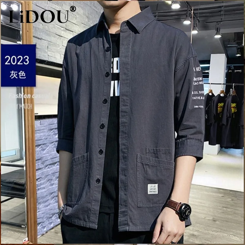 

2023 Summer New Solid Color Pocket Shirt Man Turn-down Collar Single Breasted Three Quarter Cardigan Men Fashion Street Coat