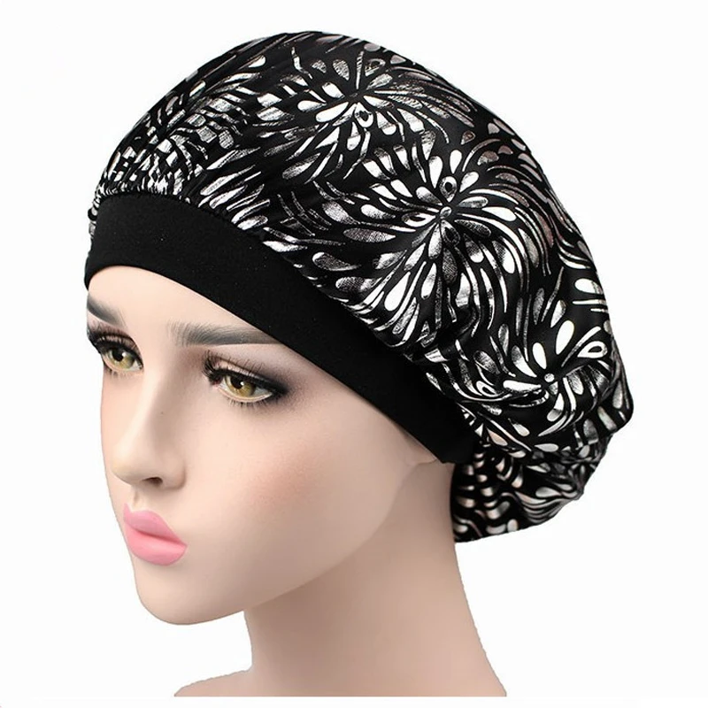 Hot Imitation Silk Wide-brimmed Night Cap Leopard Print Color With Streamer Round Cap Shower Cap Hairdressing Bonnet