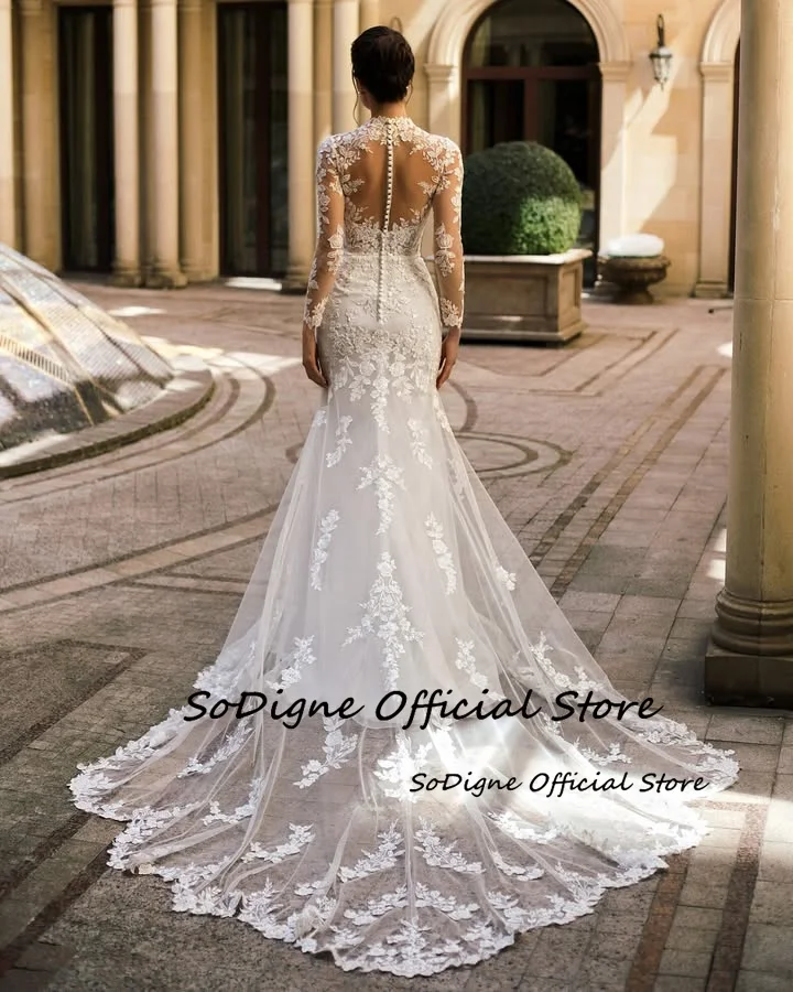 SoDigne Mermaid Lace Appliques Wedding Dresses Tulle Full Sleeves Bridal Dress Long Bride Gown vestidos de novia Customized 11 S3c61404edf964d60af4be884aeadc5feA