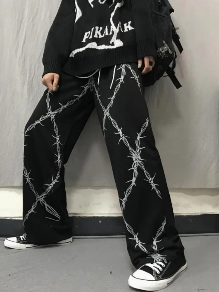 HOUZHOU Harajuku Streetwear Grunge Wide Leg Pants Women Oversize Hippie Pattern Trousers Female Joggers Sweatpants Baggy Retro female straight jeans korean style casual wild cow skin pattern high waist trendy trousers for daily streetwear for all seasons