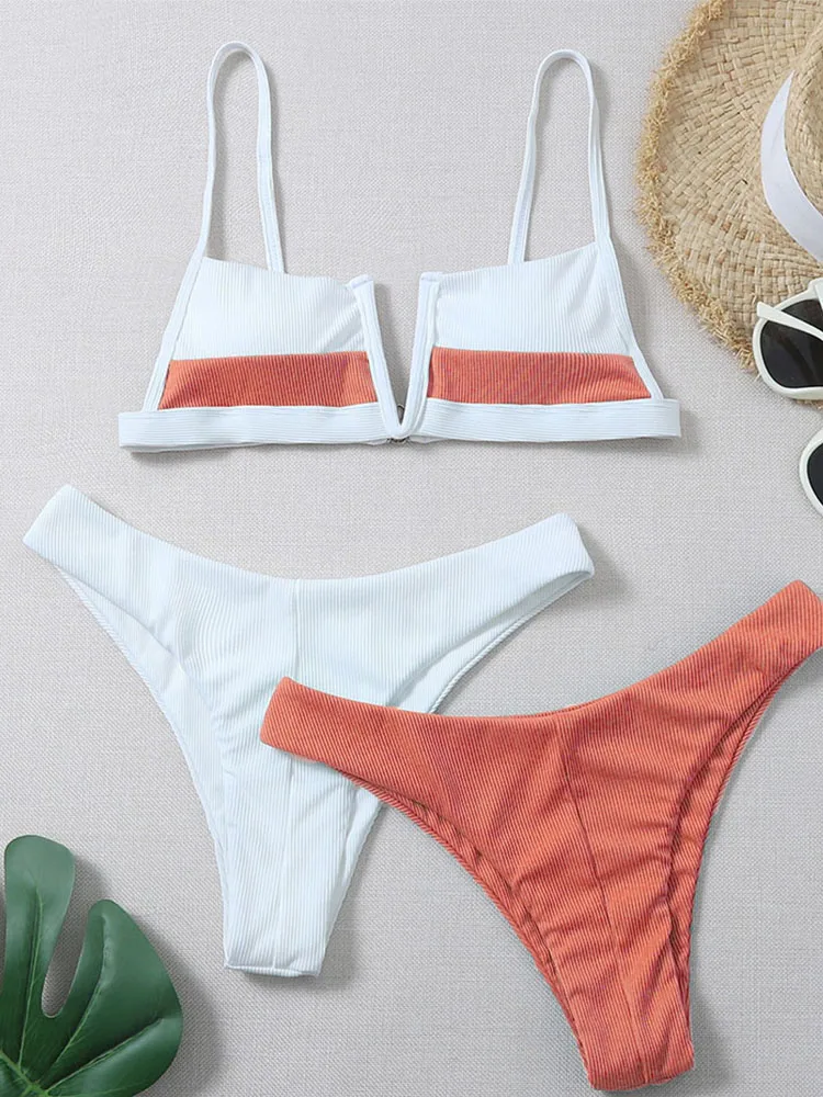 know Dream New Sexy 3 Pieces Women Bikini Lace-Up Swimwear Bathing Suit Solid Color Halter Neck Strap Thong Women Swimsuit Set f