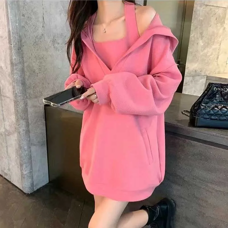 Fashion Loose Pockets Solid Color Hooded Sweatshirts Female Clothing 2024 Spring New Oversized Korean Tops Casual Sweatshirts