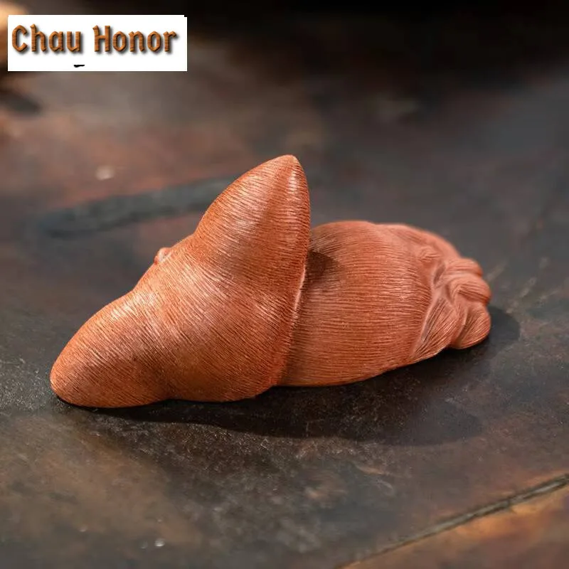Chinese Yixing Purple Clay Sculpture Tea Pet Lucky Fox Statue Art Ornaments Animal Tea Figurine Crafts Home Tea Set Decors Gifts