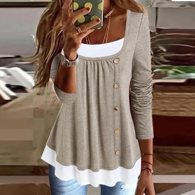 Tunic Blouse Buttons Decor Breathable Versatile Simple Casual Splicing  Color Women Tunic Top T-shirt Top for School - AliExpress