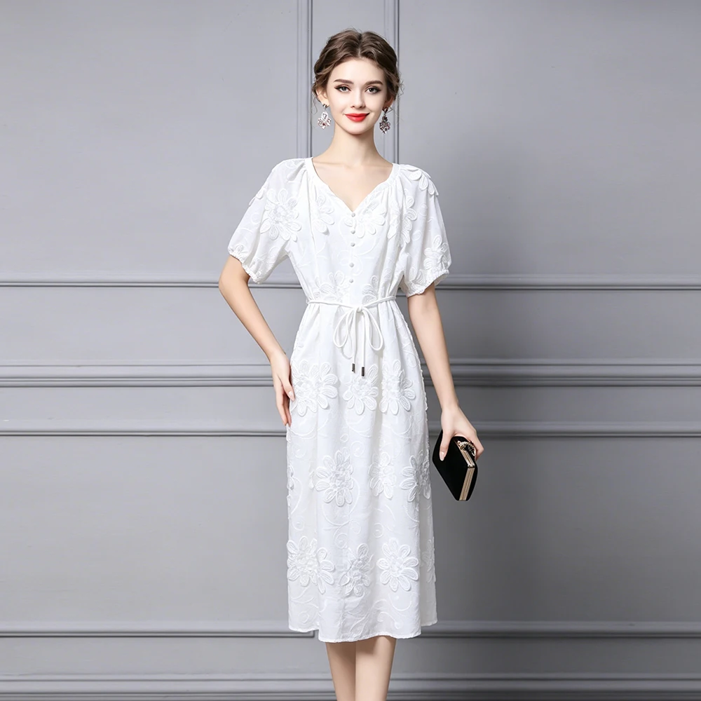 ZJYT Summer 100% Cotton Embroidery Loose Dress Women 2026 Fashion New Short Sleeve Casual Holiday White Dresses Elegant Vestidos 5