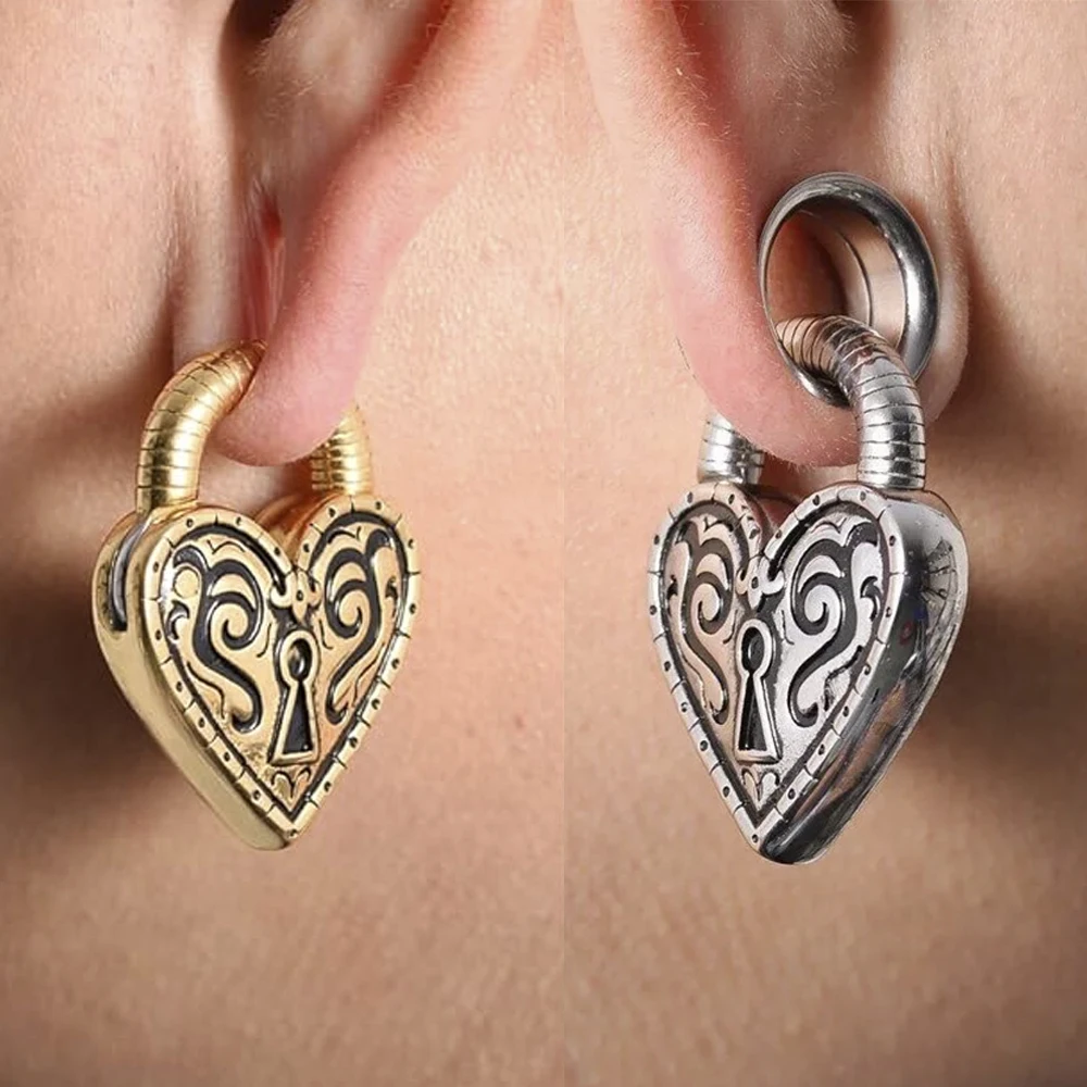 1PC Stainless Steel Heart Fake Lock Magnet Ear Weight Gauges