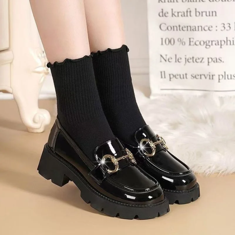 Women's Loafers Autumn New Slip-OnPUChunky Heel Single Shoes Mid Heel Fashion Versatile Low Top Shoes Round Toe Thick Sole Shoes - Image 3