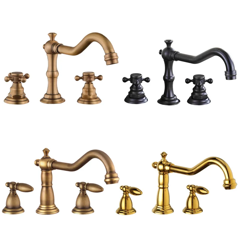 

European Style Full Copper Double Handle Split Three-hole Faucet Basin Hot and Cold Water Faucet Light Luxury Gold Wash BasinTap