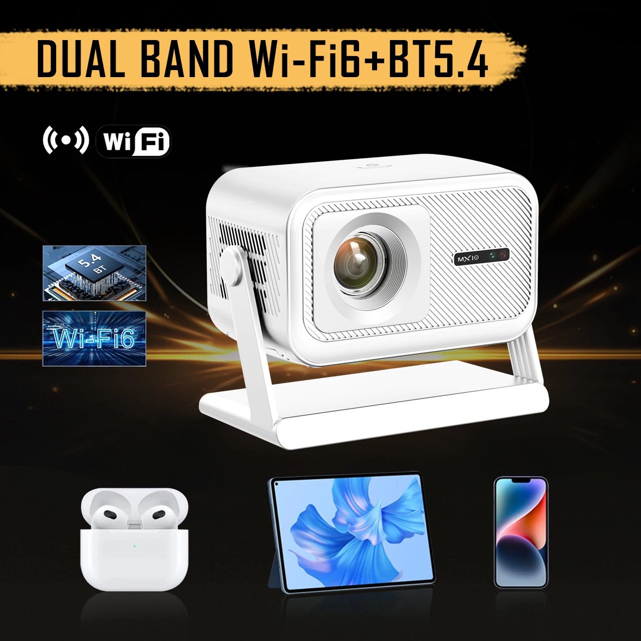 MX10-100 스마트 프로젝터 1080P 올위너 H723 자동 키스톤 보정 WiFi 6 안드로이드 14 2.69인치 LCD 휴대용 시네마