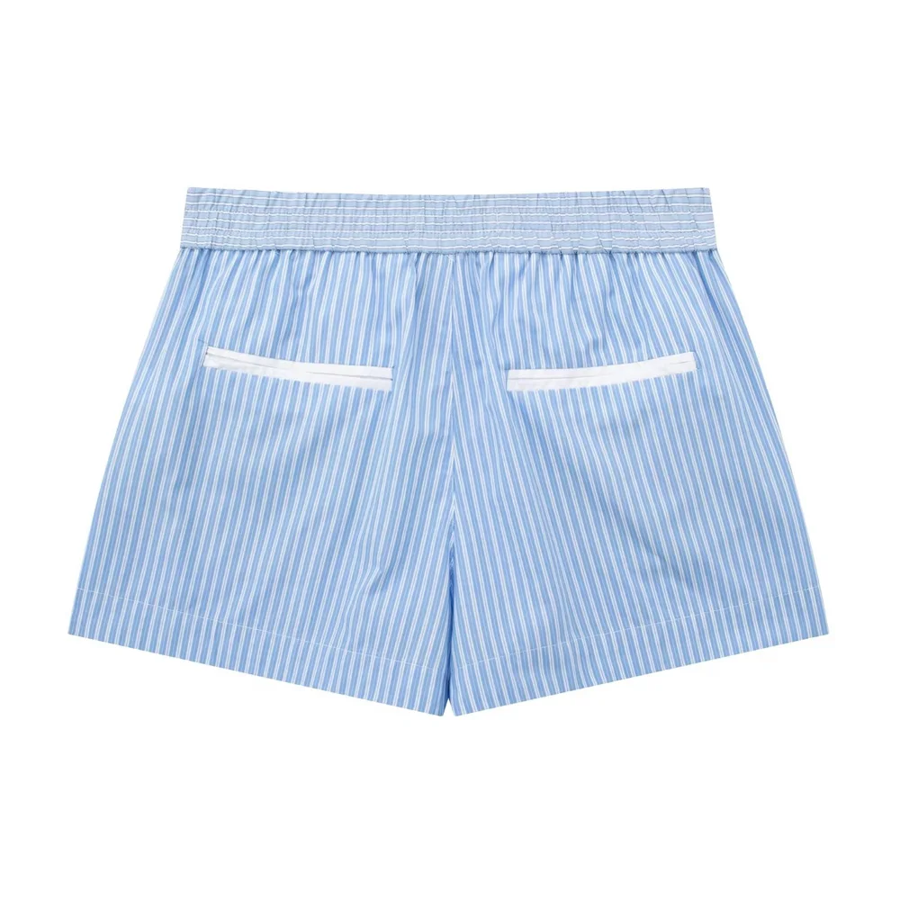 TRAF Women Fashion Side Pockets Striped Patchwork Shorts Vintage Mid Elastic Waist Split Hems Female Short Pants Mujer Suit