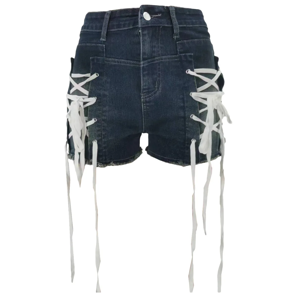 Summer chic women's Denim Shorts Bandage Elasticity High Waisted Button Lace Up Jean 2024 New Fashion Sexy Streetwear