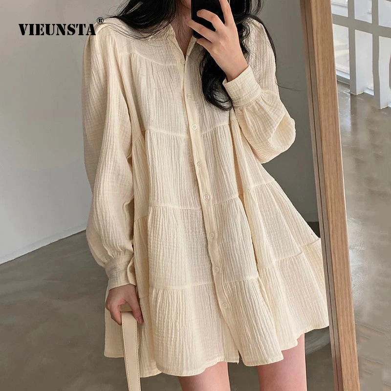 

Loose Mini Dress Women Spring Autumn Solid Color Ruffles A-line Dress Long Sleeve Turn-down Collar Ladies Party Dresses Vestidos