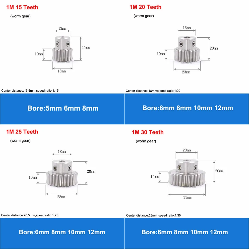 1 Mod Worm Gear Worm Rod 303 Stainless Steel 15/20/25/30/35/40/50/60 Teeth Speed Ratio 1:15 1:20 1:25 1:30 1:35 1:40 1:50 1:60 transmission gear