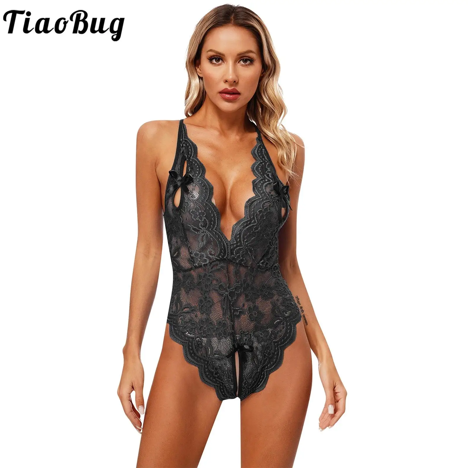 

Womens One Piece See-Through Lace Flower Bodysuit V Neck Backless Crotchless Swimsuit Sexy Lingerie Nightwear Party Playsuit