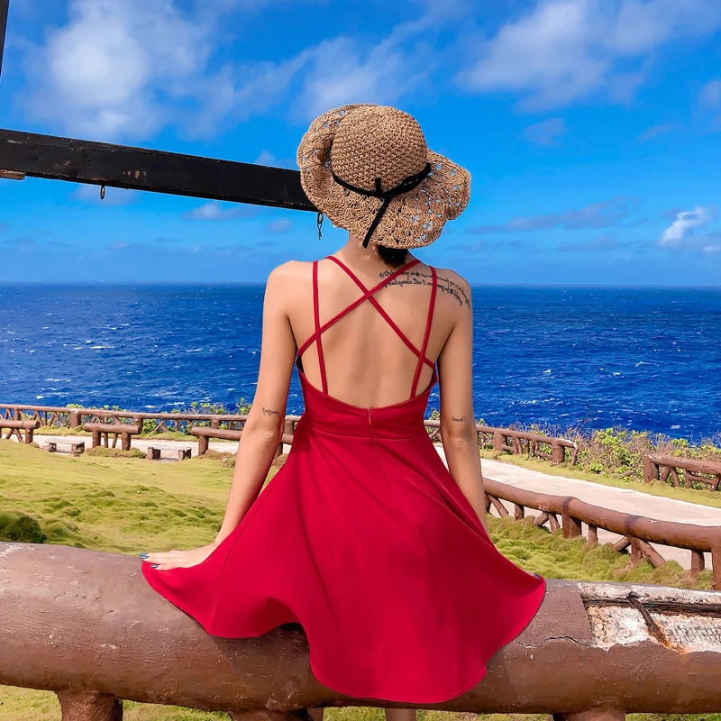 

Red Women Beach Holiday Dress Mini Short Sundress Girl Bali Thailand Seaside Vacation Dress Casual Party Korean Trend Dresses