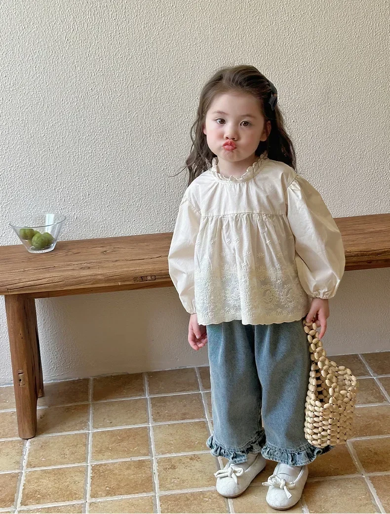 Kids Jeans Girls New 2024 Spring  Autumn Childrens Fashion Casual Wide-leg Pants Lace Princess Sweet and Lovely 2
