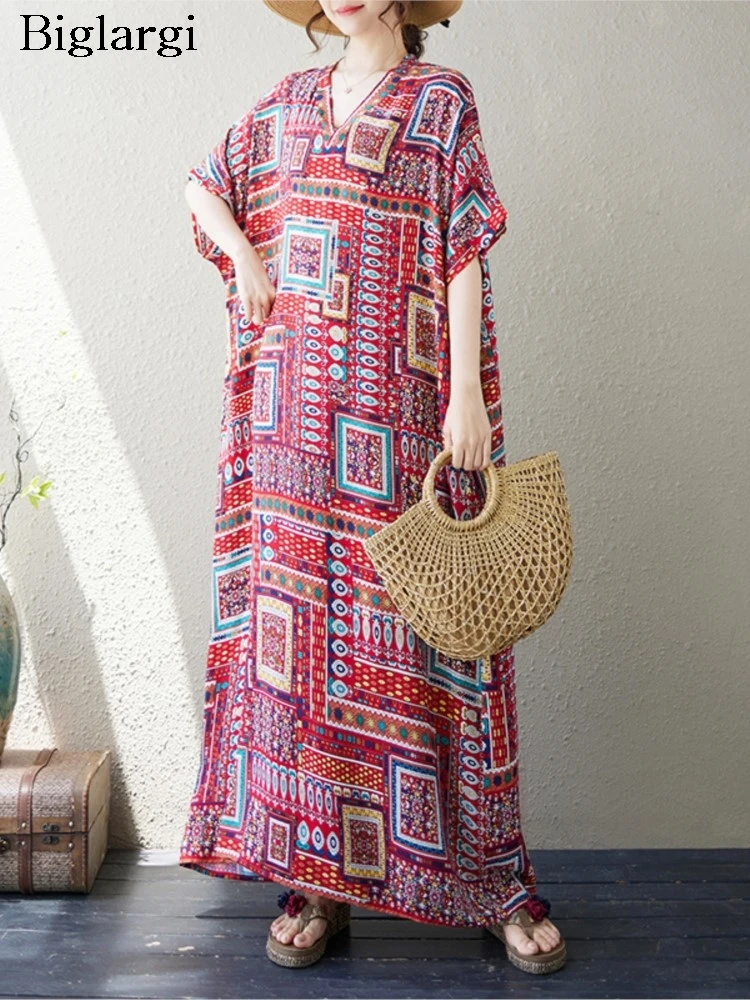 

Oversized Summer V-Neck Dress Women Floral Print Fashion Short Sleeve Casual Ladies Dresses Loose Ruffle Pleated Woman Dress