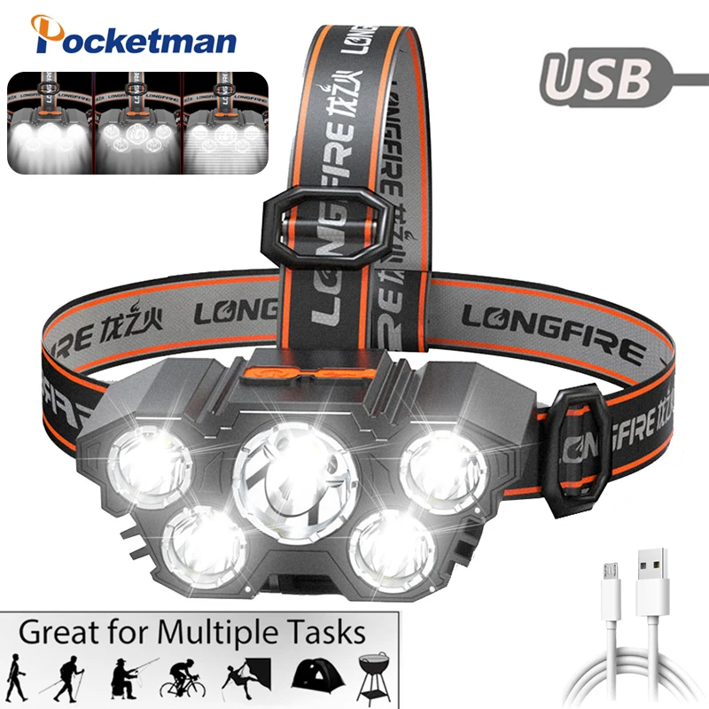 

Powerful 5 LED Headlamp USB Rechargeable Headlight Waterproof Head Lamp Head Flashlight for Camping Hiking Fishing Adventure