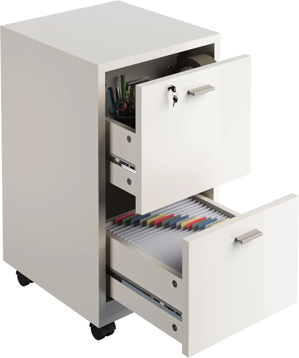 2-Drawer Rolling Filing Cabinet with Lock & Deep Storage, Fits Under Desk for Home or Office Use – White, 15.7"x14.7"x24"