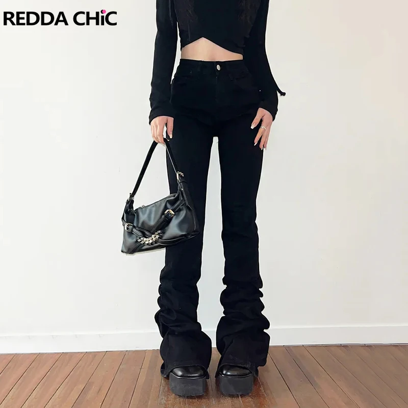 

ReddaChic Solid Black Ruched Flare Jeans for Women Y2k Retro High Waist Stacked Bootcut Pants Slim Fit Causal Korean Streetwear