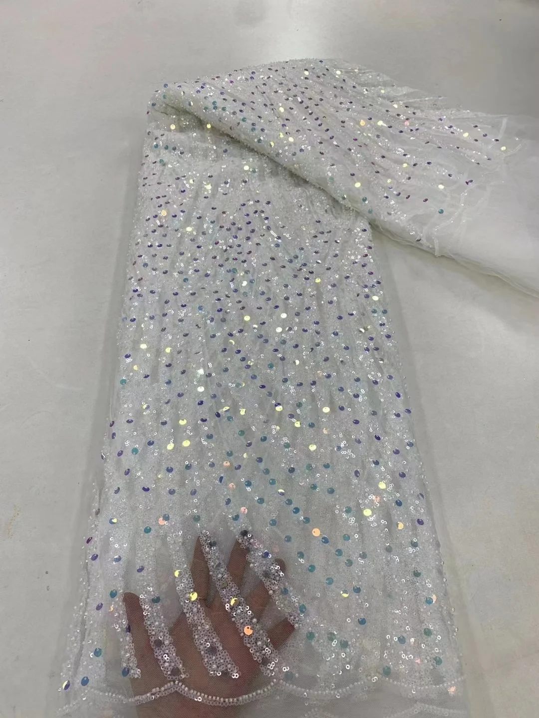 

Nigerian African Lace Fabric High Quality Hamdmade Beads Bridal Lace Fabric Luxury Sequin Beaded Embroidery For Wedding PL322-4