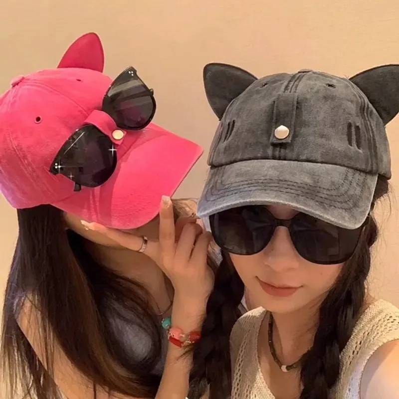 

2pcs New Y2k Girls Cat Ears Sunglasses Baseball Cap Set Personality Ins Trendy Cool Girl Cap Washed Retro Cotton Baseball Hat