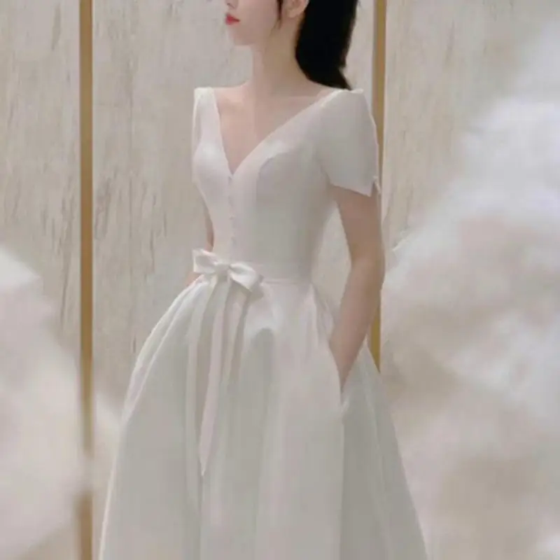Classic V-neck Bridal Dresses 2024 New Satin Wedding Dress  With Sweet Bow Belt Simple Long A-line Evening Dress Customized 2