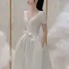 Classic V-neck Bridal Dresses 2024 New Satin Wedding Dress  With Sweet Bow Belt Simple Long A-line Evening Dress Customized 2