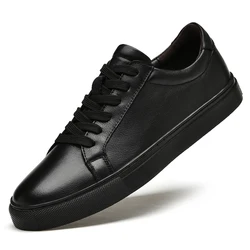 Pure Black Skateboarding Shoes Men Genuine Leather Sneakers Casual Flat Shoes Plus Big Size 48 49 50 Spring Autumn High Quality